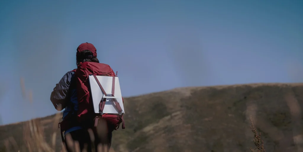 Person walking with a starlink on his back.